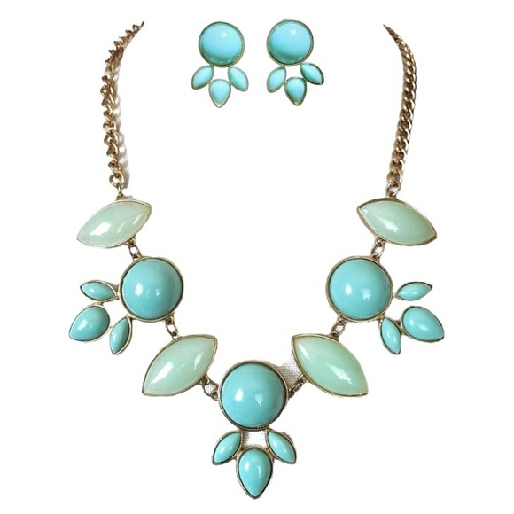 Teal Cabochon Statement Necklace & Earrings Set Gold Tone Chain Jewelry Vintage - Picture 2 of 15